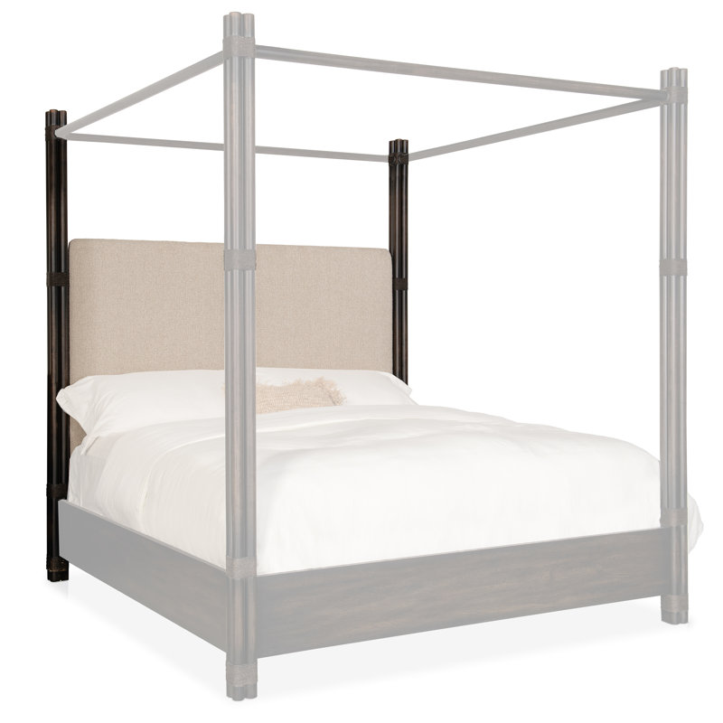 Retreat Pole Rattan Upholstered Poster Bed with Canopy, California King, Dark Wood/Black Sand/Neo Cream