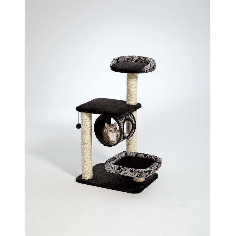 Medium Black and White Faux Fur Cat Tree with Sisal Posts