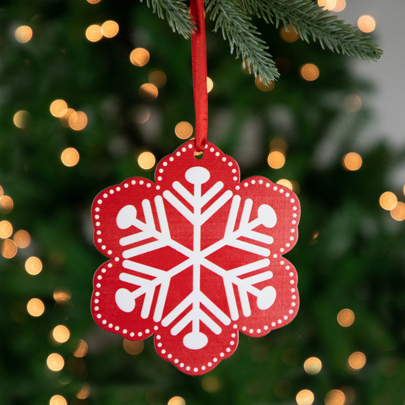 Red and White Wooden Snowflake Christmas Ornament with Polka Dots