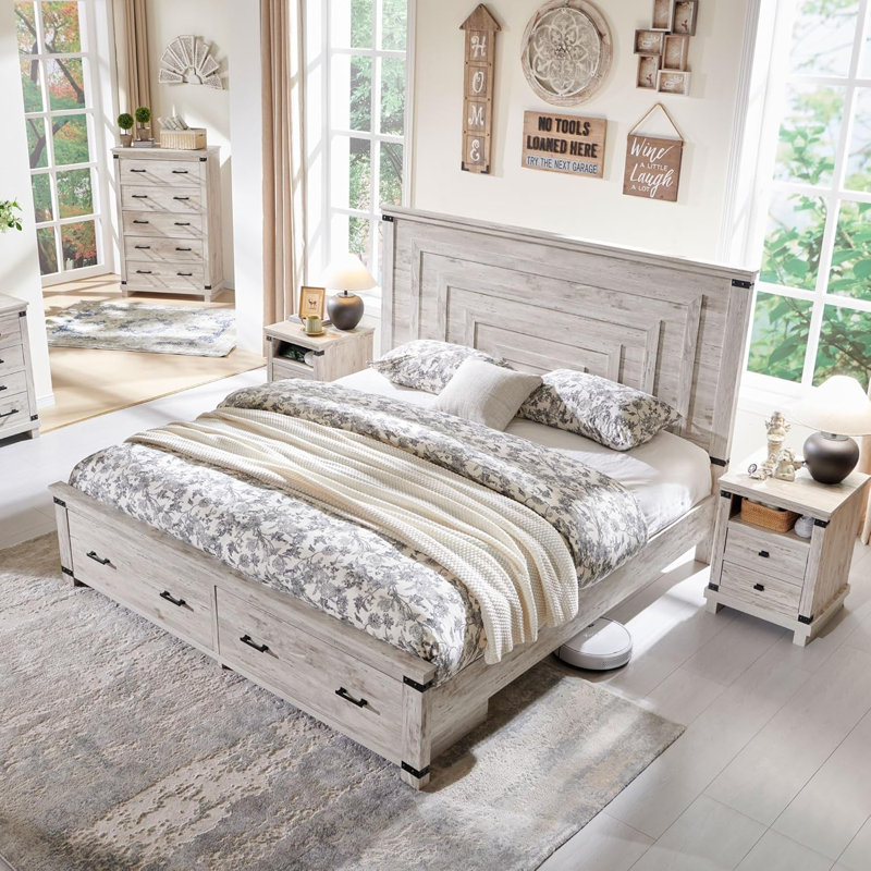Hallerson Farmhouse Platform Bed Frame With 54"W Tall Geometric Headboard & Large Storage Space, King