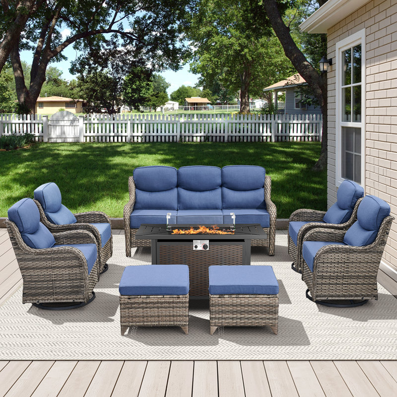 7-9 Person Outdoor Wicker Family Party Conversation Set With Swivel Rockers And Fire Pit, Blue Cushion/Gray Frame