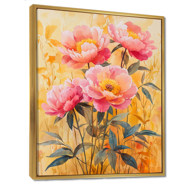 Hewlett, pivoines dans le verger brise I - pivoines, art mural, H 32 po x l 16 po, Reproduction avec cadre flottant, Doré