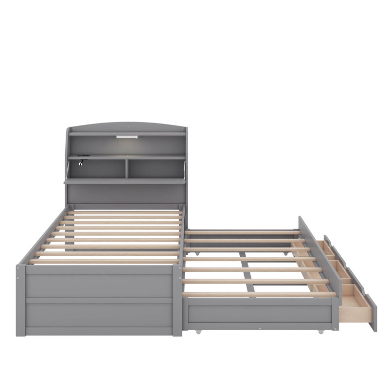 Lit plateforme en bois à DEL avec tiroirs, tête de lit et lit gigogne, Lit simple, Gris