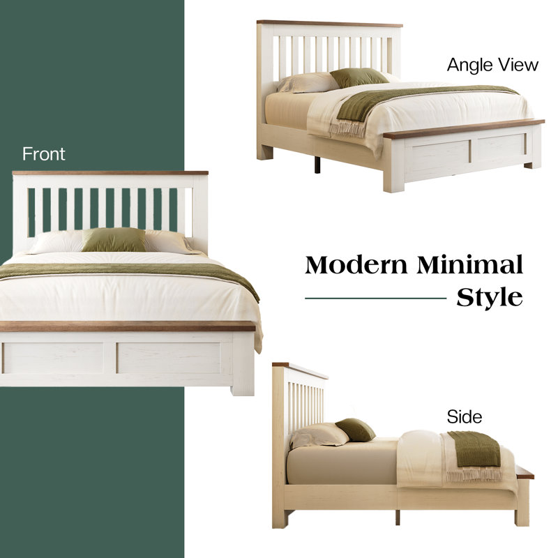 Farmhouse Wooden Panel Bed with Slatted Headboard , Double(4.6'), White