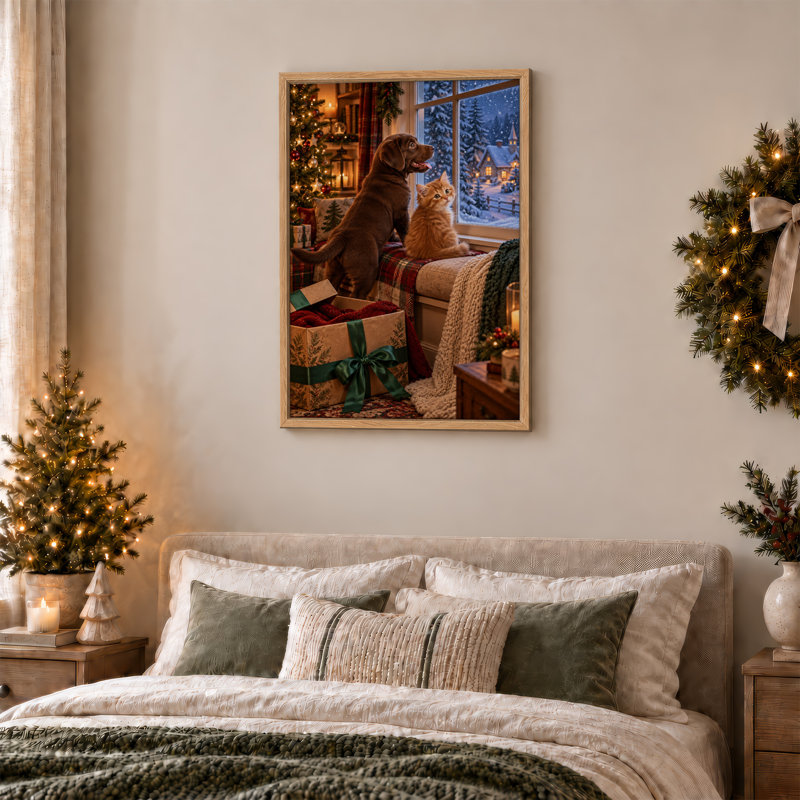 Toile brune de Noël avec un chat orange et un chat orange, H 48 po x l 32 po