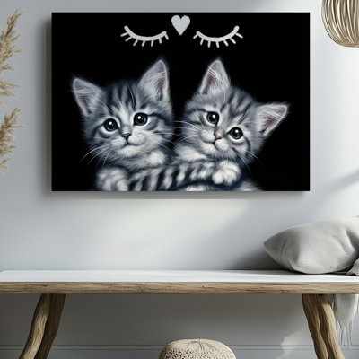 Toile dans une scène monochromatique captivante, deux adorables chatons avec art mural doux, fourrure texturée dans différentes nuances de gris et blanc