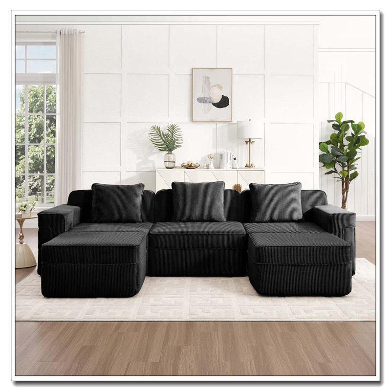 Canapé modulaire à 3 places en forme de U sans os, canapé modulaire Cloud avec assise profonde, canapé modulaire moderne à 3 places avec coussins décoratifs et 2 repose-pieds mobiles
