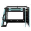 Lit mezzanine double en bois avec bureau, tablettes multiples et lumière RVB-114355419