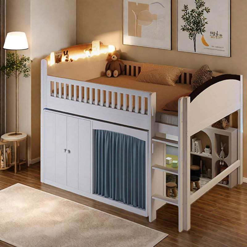Lit mezzanine double compact avec rangement en bois, style Led moderne, salle familiale