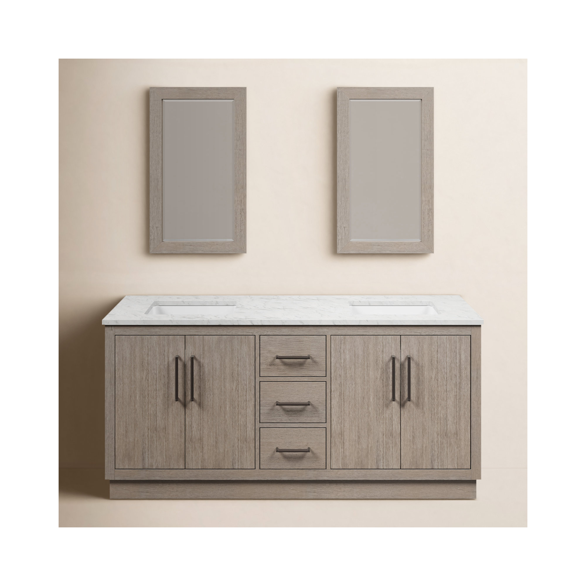 Kamila 72" Carrara White Marble Countertop Bath Vanity in Gray Oak with Mirror, Oil Rubbed Bronze
