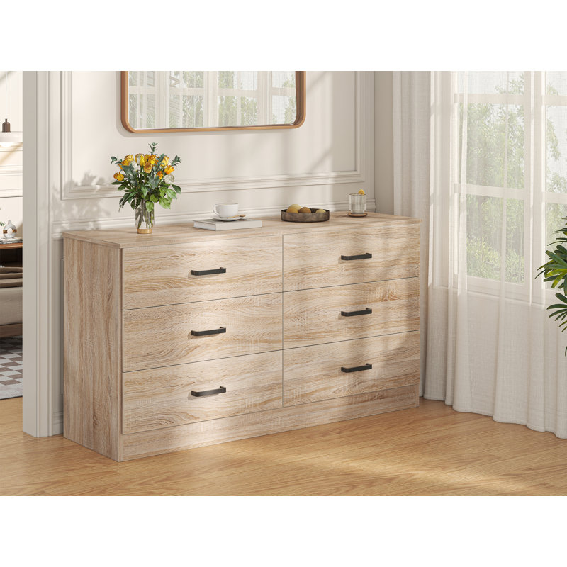 Commode double 6 tiroirs, commode de 47,3 po de largeur avec poignées en métal, armoire de rangement pour chambre à coucher