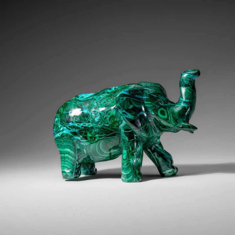 Véritable sculpture d'éléphant malachite polie (3,9 lb), 4" H x 3" W x 6.5" D