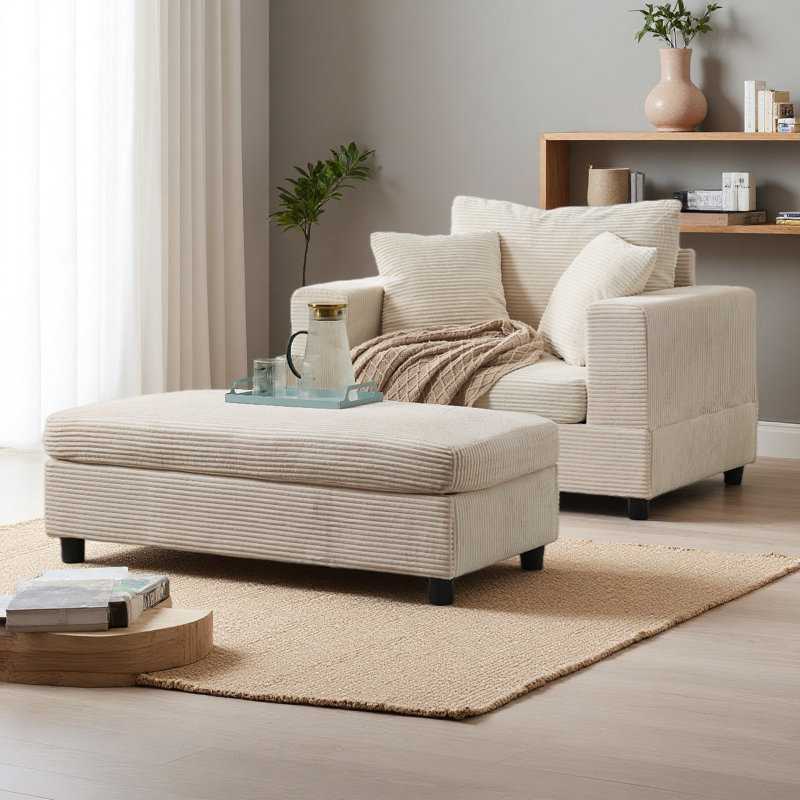 Chaise longue avec repose-pieds amovible et canapé-lit d'appoint rembourré avec coussins, fauteuil rembourré à assise profonde moderne
