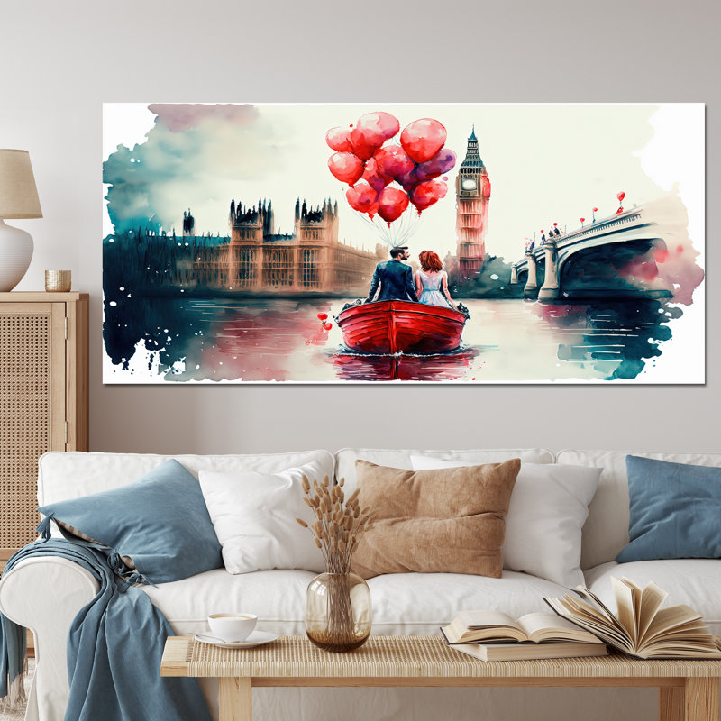 Couple romantique sur l'eau II - Impression sur toile, Toile tendue, H 28 po x l 60 po x P 1,5 po