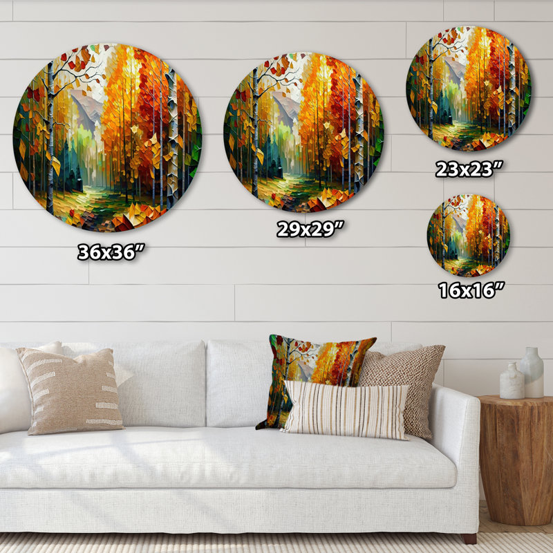 Chemin dans la forêt III - paysages, art rond en métal, H 36 po x l 36 po
