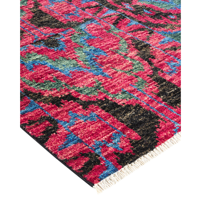 Tapis unique moderne framboise / bleu / noir noué à la main 4 pi 1 po x 5 pi 9 po Velisa