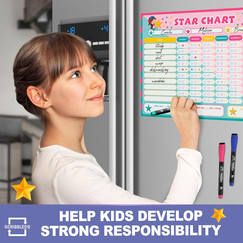 Magnetic Reward Chart For Kids Dry Erase 13” X 17” Multiple Kids Refrigerator Star Behaviour 
