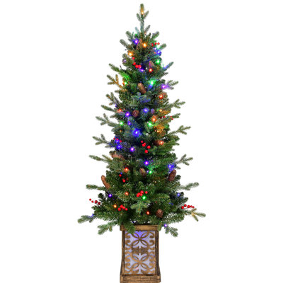 Arbre de Noël illuminé 4 pi avec base scintillante - 100 lumières DEL multicolores, 396 pointes, baies rouges et pommes de pin, branches pleines en PE / PVC, pot lumineux festif