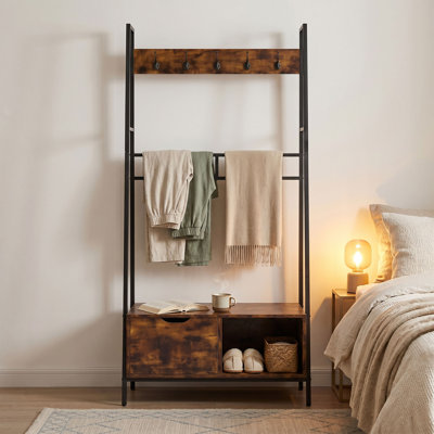 Portemanteau pour hall d'entrée avec banc de rangement, 5 crochets, tiroir et armoire ouverte, range-chaussures industriel en bois rustique