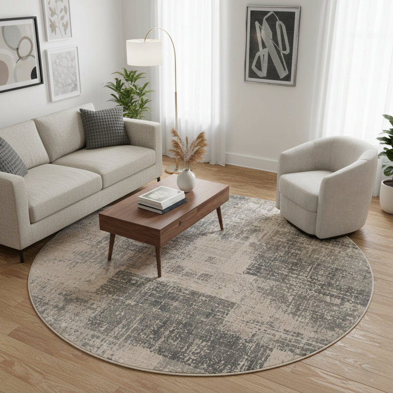 Nemahan Transitional Abstract Durable Performance Beige/Gray Round Rug, Round 7'10"