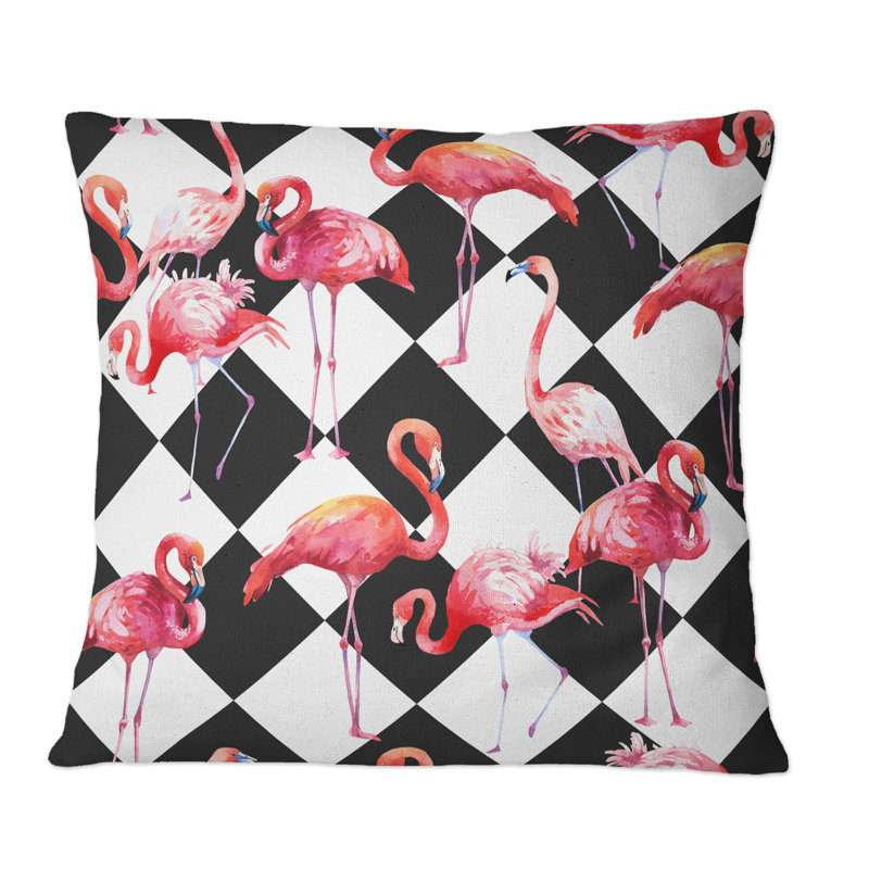 Flamants roses sur fond noir et blanc - Coussin décoratif à motif, 16 po x 16 po