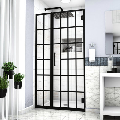 Porte de douche pivotante de 40 po x 72 po noir mat et verre, élément fascinant pour la salle de bain