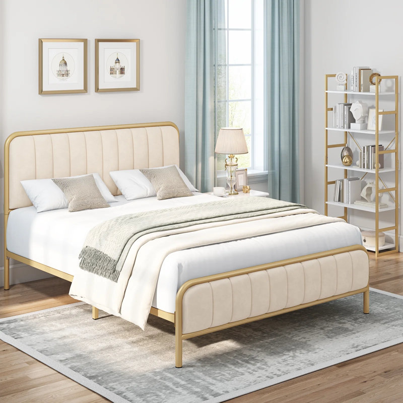 Lit plateforme tapissier avec tête de lit en velours, Blanc, Double