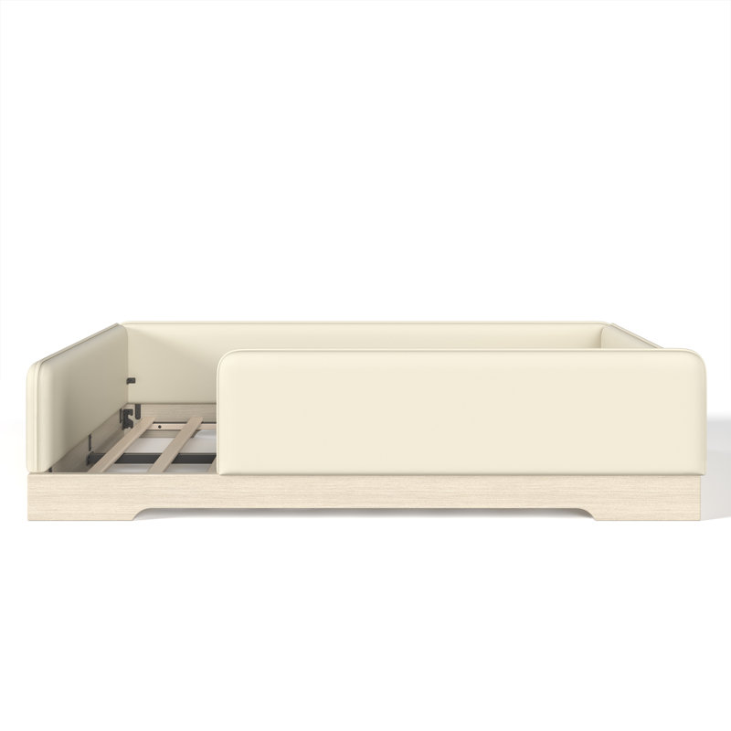 Grand lit beige rembourré en faux cuir Montessori pour enfants avec garde-corps amovibles, Grand lit, Beige