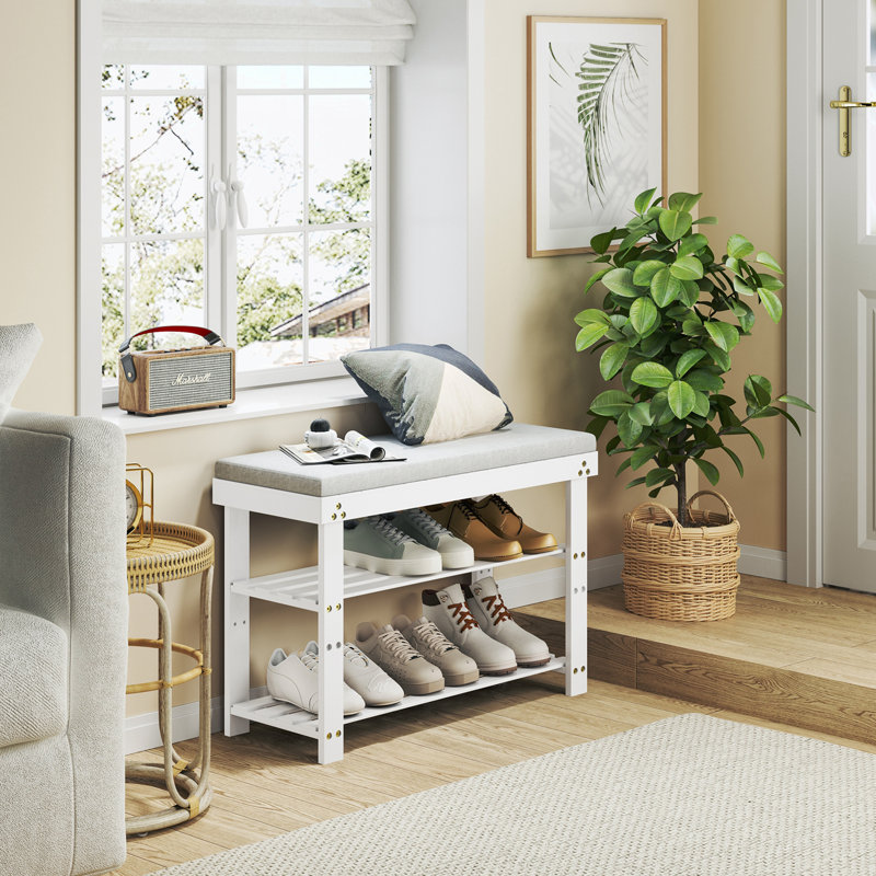 Shoe Bench with Cushion and Adjustable Shelves, White