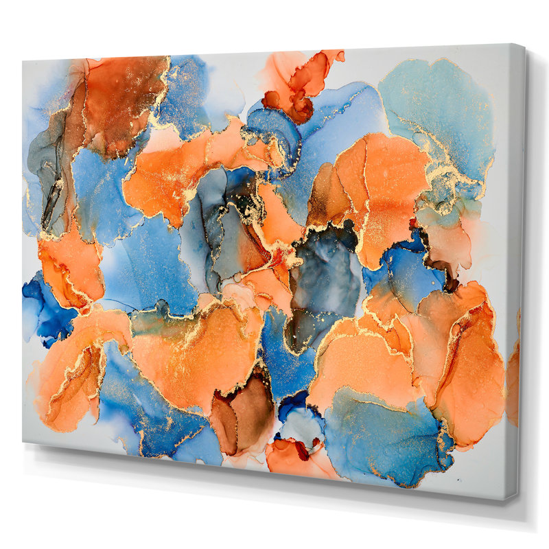 «Blue and Brown Luxury Abstract Fluid VII», peinture sur toile, H 16 po x l 32 po x P 1 po, Toile tendue