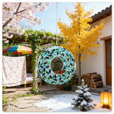 Mosaic Glass Bird Feeder With Fly-Through Design For Outdoor Hanging - Round Shape Container Attracts Wild Birds To Garden, Yard, And Patio