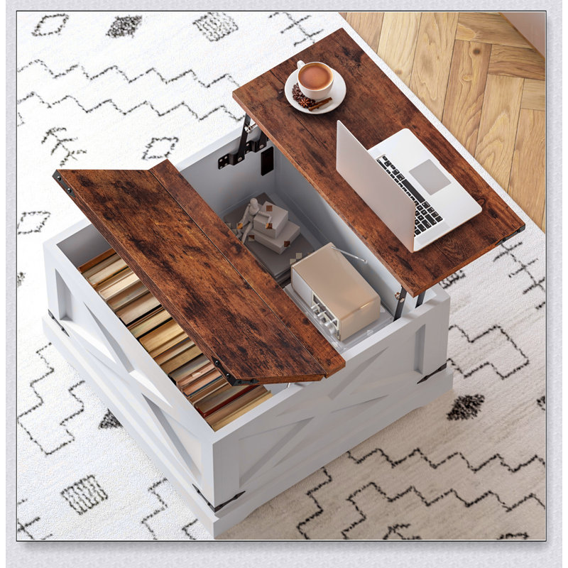 Table basse à plateau relevable avec station de rangement et de charge, surface de travail et de levage multifonctionnelle, conception moderne peu encombrante