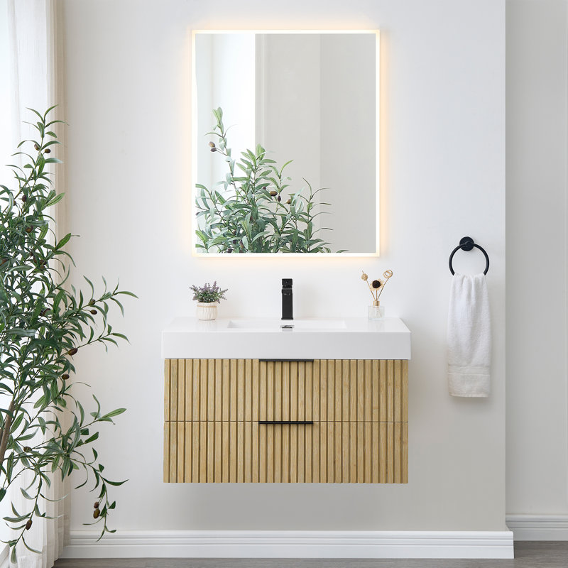 Livia 36" Wall-mounted Single Bathroom Vanity with White Artificial Drop-in Sink with Mirror