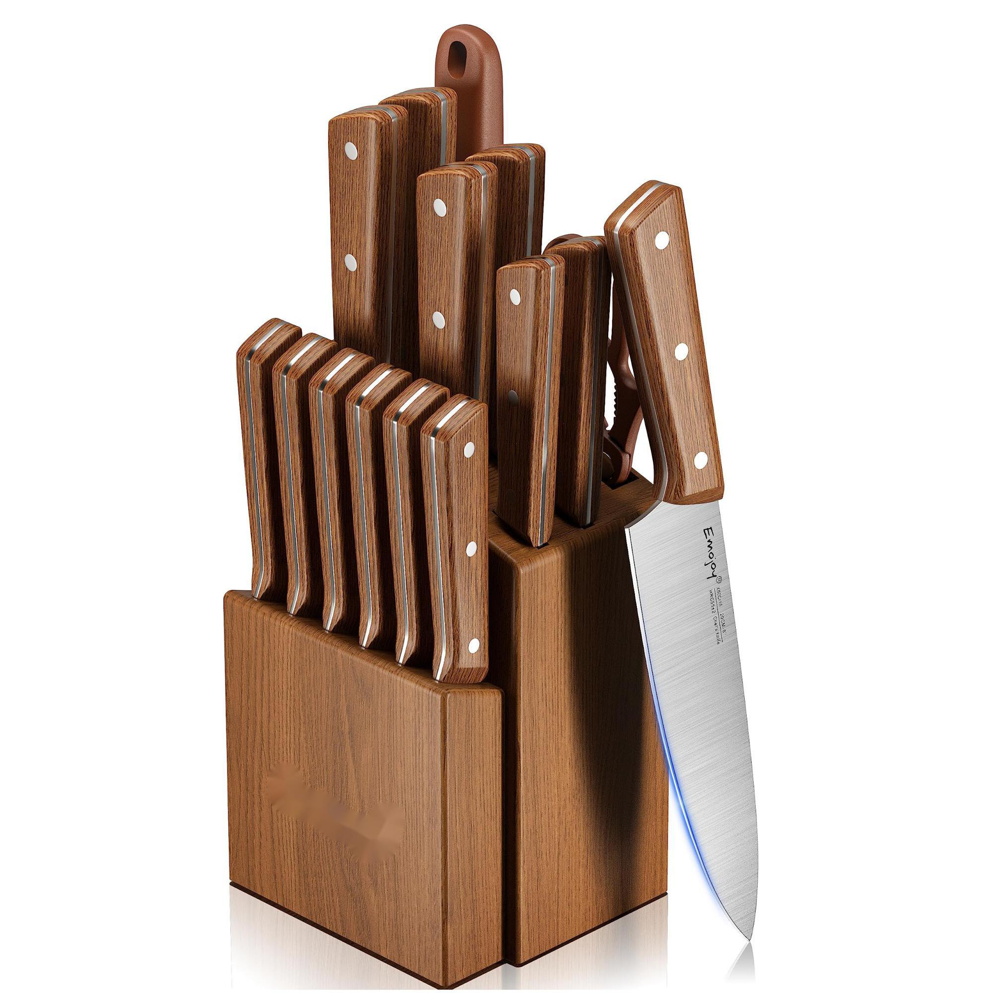 15Pcs Kitchen Knife Set w/Wooden Block Sharpener Pro Stainless Steel Chef  Knives