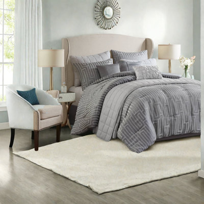 Ensemble de literie de luxe 10 pièces en jacquard de polyester gris pour maison moderne