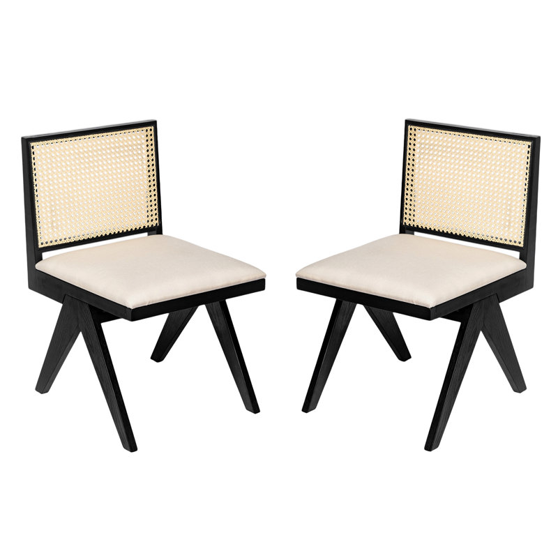 Chaises de salle à manger, chaises d'appoint rembourrées de canne (ensemble de 2), canne noire + canne naturelle + coussin beige