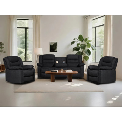 Frithiof Living Room Set 3-Piece Microfiber Manual Recliner Couch Set With Two 1-Seat Recliners,3-Seat Recliner, Drop Table & Cup Holders