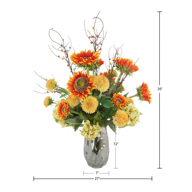 Sunflower, Hydrangea and Dahlia Fall Arrangement in a Glass Vase