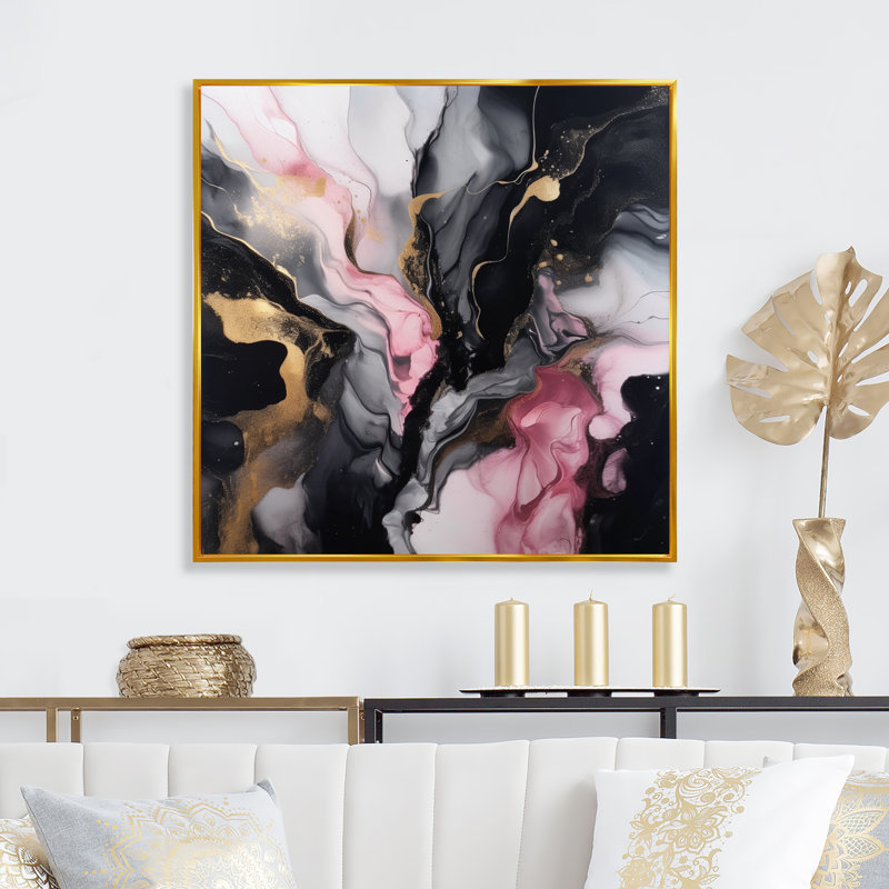 Art abstrait sur toile marbrée abstraite, impression fluide or noir - Marbre noir or Splash II, H 36 po x l 36 po x P 1,5 po