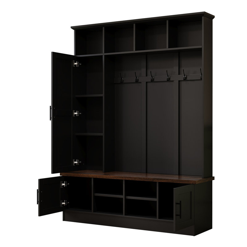 Versatile 3-in-1 Hall Tree with 6 Hooks, Farmhouse Walnut Storage Bench with Adjustable Shelves, 55"W Entryway Coat Rack with Multiple Storage Space for Mudroom, Hallway, Black