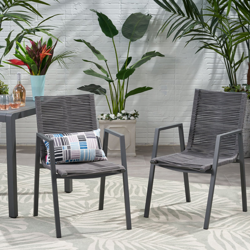 Chaise d'extérieur moderne en aluminium avec siège en corde (ensemble de 2), gris foncé, Argent argent