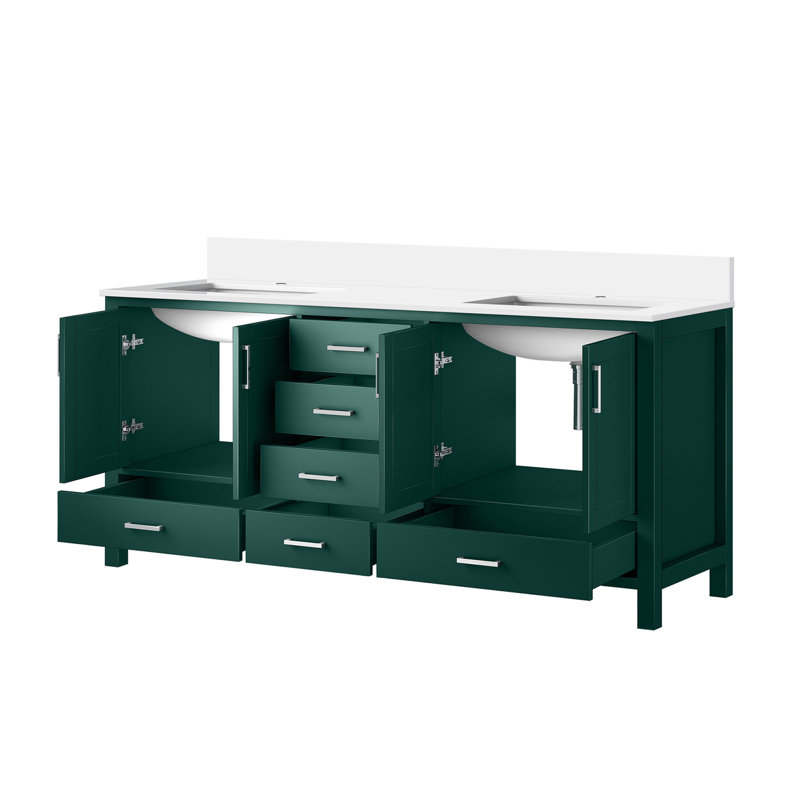 Meuble-lavabo double, l 72 po x P 22 po, bois massif, comptoir en marbre, rangement