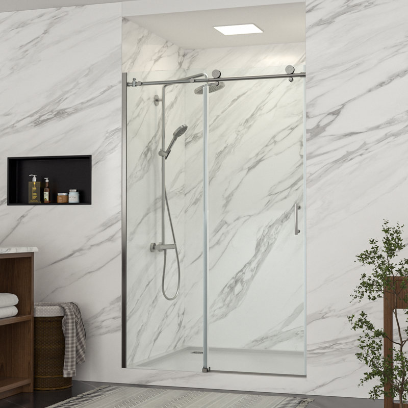 48" W x 76" H Frameless Rolling Shower Door Sliding Tempered Glass Shower Door Bathroom Glass Door, Brushed Silver
