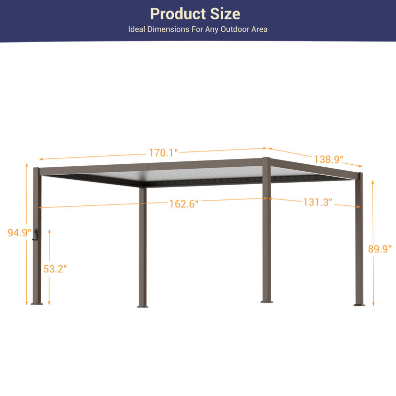 Pergola d'extérieur réglable en métal avec persiennes, 12 pi. x 14 pi	