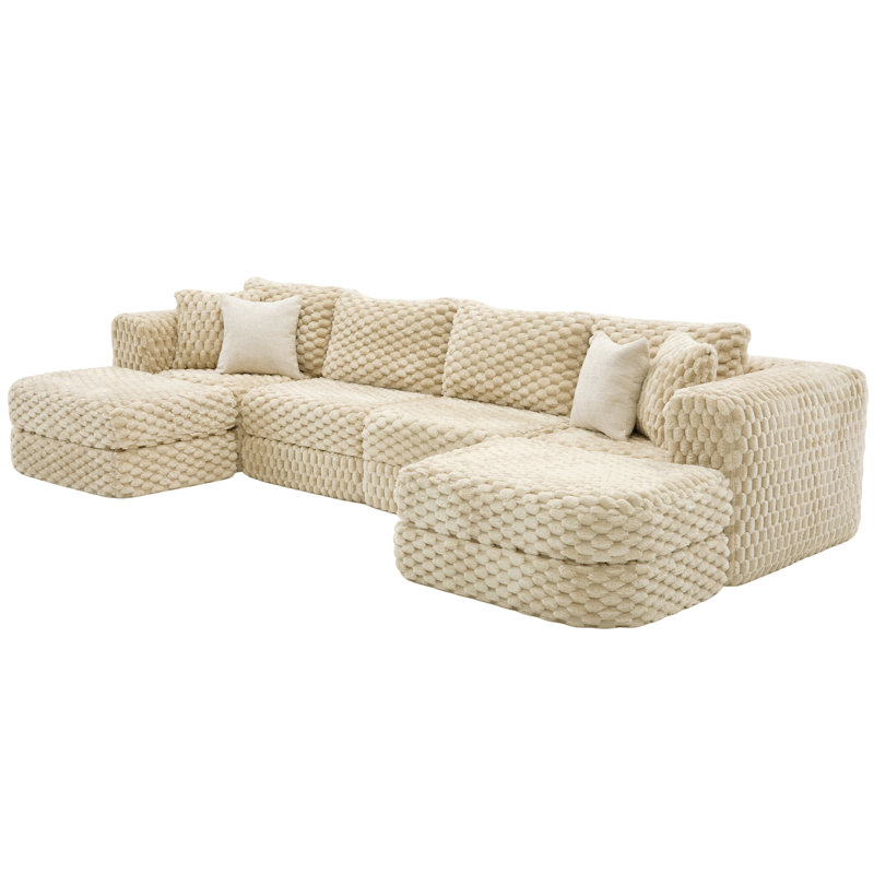 Xavia 135.4" Compressed U-Shaped Upholstered Sectional Sofa with 2 Movable Ottomans, Coffee