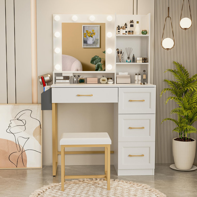 Makeup Vanity Table With Stool 2 Drawers, 3 Color Modes Available For Bedroom, White/Gold