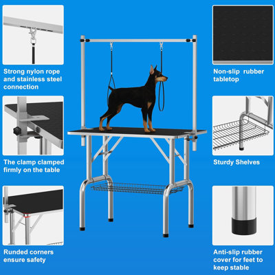 91.4cm Foldable Pet Dog Grooming Table With Basket Shelf And Adjustable Arm