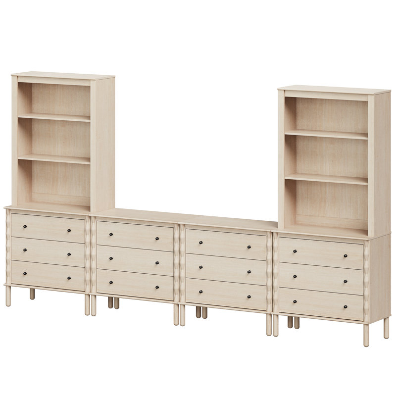 Meuble télé Greeta avec 12 tiroirs et 6 tablettes ouvertes, couleur naturelle, H 72,6 po x L 15,7 po x l 126 po, Naturel