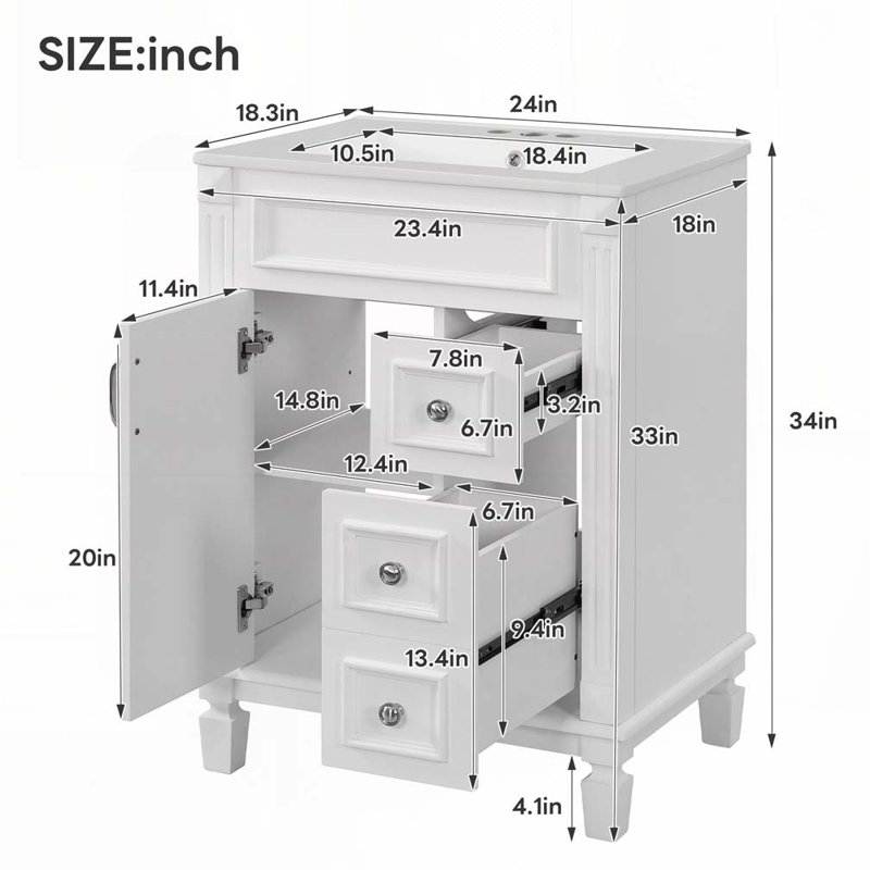 Meuble-lavabo avec lavabo en céramique, armoire avec 2 tiroirs et tablette réglable, Blanc