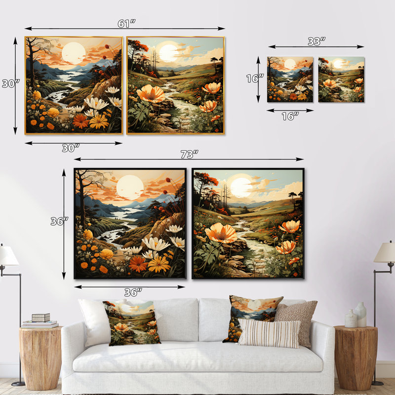 «Bold Botanical Mountain Landscape», 2 pièces, H 30 po x l 61 po, Toile tendue
